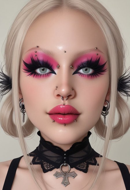 score_9, score_8_up, score_7_up, rating_safe, concept art, realistic, 1girl, solo, portrait.
sexy face, cute face, sexy makeup,
ExtrFacePiercing, face piercing, lips rings.
Gothic.