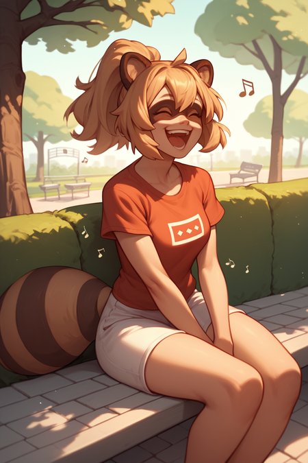 score_9, score_8_up, score_7_up, 1girl, solo, <lora:mixp_pd_glora:1> raccoon girl, raccoon tail, raccoon ears, brown hair, sitting, trees, park, white shorts, red t-shirt, blonde hair, ponytail, happy, laughing, music notes
