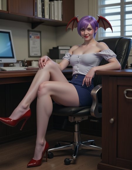 <lora:lilithaensland-flux-8:1>,  , This is a <lora:real-lora:1> (ultrarealistic:1)  photo of lilitha a young woman sitting  in an office, in a chair with her feet up on the desk.  She has a slender and toned athletic physique with a narrow waist and wide hips. She has short purple hair styled in a bob cut and her eyes are a striking red. Her skin is pale. She is wearing a blouse and pencil skirt and high heels. She has a small pair of bat-like wings with dark red membranes and claws from her head. she is smiling