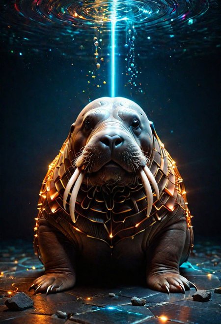 a walrus carpenter that builds 3D mystical geometry from ancient times, subsurface scattering rim lighting best quality precise material reflections balanced contrast accurately calculated shadows physics based materials highres