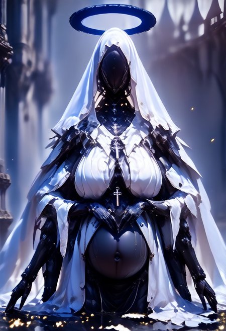 ((Realistic)), (score_9, score_8_up),((Pregnant)), score_7_up, ((wing)), 1girl, jewelry, hood, necklace, armor, mask, halo, helmet, cross, (crown), veil, cloak, spikes, robe, covered face, al13ng0d, solo, veil, black skin, hood up, (((huge breast, saggy breast))), ((mcnm)), (blurry background), dark, CINE, (embers:1.4),
,
Break
((4arms, 4arm, navel)), hand gesture, depth of field, hand gesture, dark and moody lighting, ruins, cathedral, feathered wings, wading, floating, angel wings, white wings, 
 <lora:unholy-000009:0.75>   <lora:CINE-000008:0.5>  <lora:add-detail-xl:-1> <lora:EnvyBetterHiresFixXL01:0:hr=1>