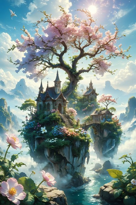 An enchanting garden of floating islands suspended in the sky. Each island, lush with greenery and blooming flowers, is connected by wispy bridges of wind and mist. Gentle breezes carry petals and leaves through the air, creating a surreal and dreamlike atmosphere. Soft pastel colors, intricate details, vibrant, serene, fantasy landscape, high detail, artistic, imaginative, magical.
<lora:ral-mtclniscp-sdxl:0.75> ral-mtclniscp,
<lora:add-detail-xl:1.0>,
<lora:EnvyBetterHiresFixXL01:1.0>,
<lora:extremely_detailed:1.0>, extremely detailed,
<lora:EldritchMixIllustration_1.0:0.45>,
<lora:zavy-cntrst-sdxl:0.6> dark, chiaroscuro, low-key,
<lora:xl_floating:0.75> floating island, surreal,