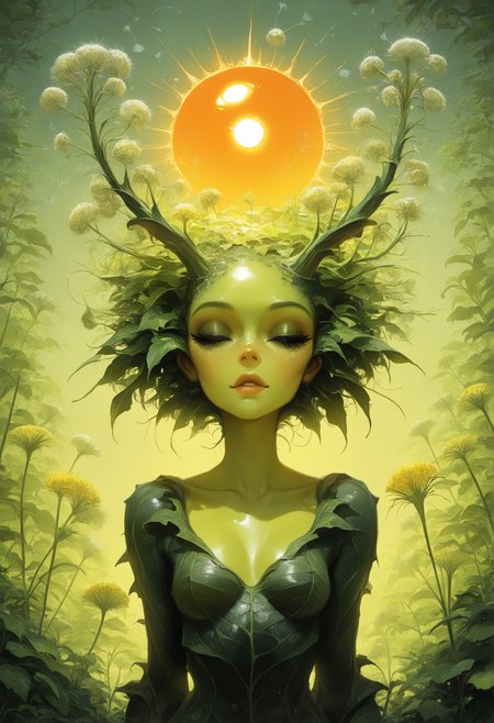 masterpiece, best quality, good quality, very awa, very aesthetic, absurdres, newest, 1girl, solo, collarbone, upper_body, closed_eyes, flower, lips, makeup, colored_skin, monster_girl, orange_background, sun, green_skin, plant_girl, dandelion, scenery, volumetric lighting, opill
