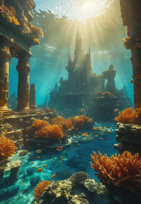 Underwater City of Atlantis: A lost city deep underwater. Buildings made of gold and coral, adorned with mythical creatures. Rays of light pierce through the water's depth, creating a play of shadows and glimmers. Sea creatures swim around, and in the distance, a huge underwater volcano looms. The atmosphere is mysterious and enigmatic --v 6.1
(8k uhd:1,4)
(((full-clothed))),
 <lora:add-detail-xl:1>
 <lora:Dynamic Poses:1>