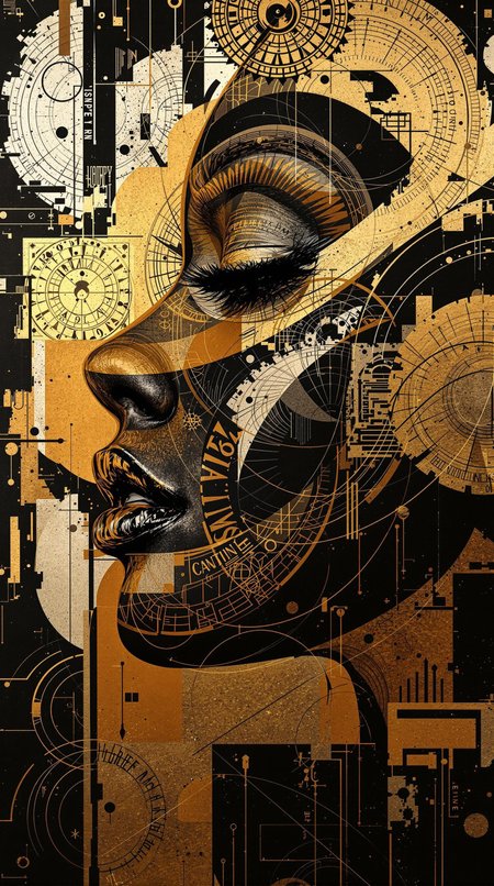 A captivating and vibrant portrait of a woman's profile, boldly rendered with overlapping layers of dynamic, geometric patterns inspired by Art Deco.  Intricate, gold-edged vintage stamps, some appearing slightly distressed, are layered over a base of deep blacks.  Abstract brushstrokes of gold and deep ochre create a sense of motion and depth, with the woman's face partially obscured by the dynamic design.  Her cheek, sculpted with sharp angles, is just visible, emerging from the overlapping patterns.  The strong contrast between the rich blacks and shimmering gold evokes a feeling of strength and sophistication.  The textured surface of the stamps suggests the tactile quality of aged paper and ink, subtly echoing the smooth, almost metallic sheen of the gold accents.  The bold colors and intricate patterns create a powerful, modern composition, inviting the viewer to dissect each element and trace the interplay of lines and shapes, while the hidden face conveys a sense of mystery and inner resilience.  The painting's overall energy is palpable, demanding attention and encouraging exploration of its hidden stories.
