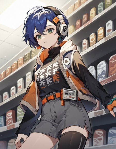 score_9, score_8_up, score_7_up, source_anime, <lora:zzz-belle-ponyxl-lora-nochekaiser:1>, belle, blue hair, green eyes, hair ornament, short hair,, belt, black shirt, black thighhighs, clothes writing, earrings, fingerless gloves, gloves, grey shorts, jewelry, long sleeves, orange belt, orange flower, orange socks, shirt, single fingerless glove, single thighhigh, jacket, hoodie, turtleneck,, music store, browsing records, headphones, vinyl collection, nostalgic, cowboy shot, dutch angle