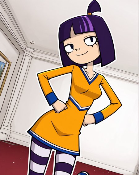 masterpiece, best quality, amazing quality, very aesthetic, absurdres, newest, solo,  Theresa_FowlerZYN, , 1girl, solo, (purple hair, short hair, multicolored hair, small ponytail, team uniform, long sleeve dress, striped leggings, blue shoes), cowboy shot, looking at viewer, beautiful, ((beautiful face, beautiful eyes)), Breasts, Wide Hips, Big thighs, standing,(smile, dutch angle, Hands on hips,naughty pose, looking at viewer, indoors, elegant room, solo, dynamic pose, full_body, head tilt,),((white background, White frame, white outline))