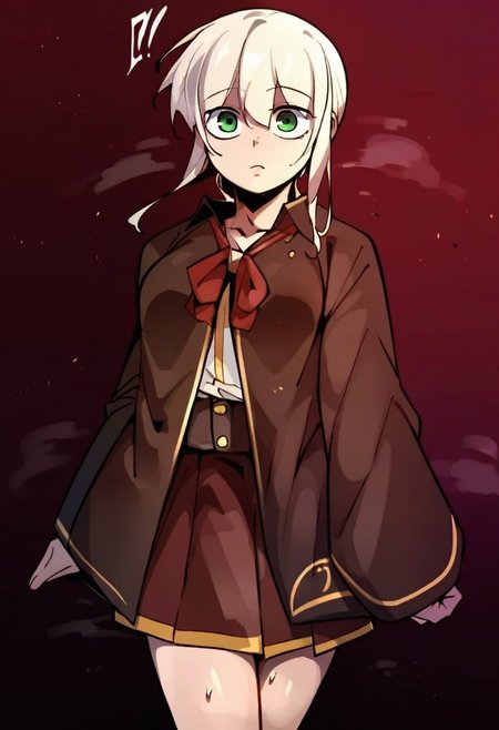 score_9, score_8_up, score_7_up, score_6_up, source_anime, rating_explicit, 1girl, solo, medium breasts, cleavage, surprised, Narrow shoulders, looking at viewer, standing, curvy, EvangelineCross, green eyes, white hair, long hair, school uniform, doppel style