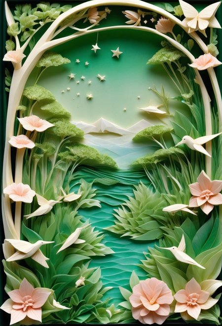 lazypos, (suave pastel matte softwater colored) lush green garden inhabited by delicate different (colored) origami animal made out of ebovy ivory carved in the scene, lake,3d, green plants, pink flowers, star lit sky, serene,