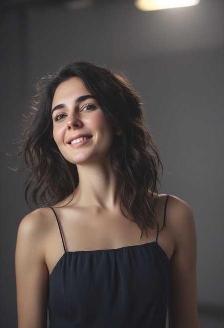 30yo american woman in a photostudio
Modeling High cut, high Quality Dress.
Slight makeup, heavy rimmel. Clear skin.  realistic skin style
Black dark Long messy stylish hair. 
Shooting light, indors, cable light
Studio background.
Smiling, with mouth closed. Smirk.
Bokeh. Heavy Bokeh light.
Tilt head, hand on hair. Shy.
