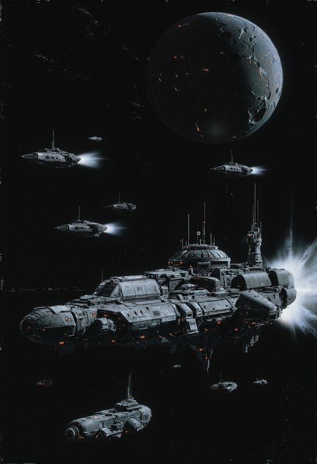 A cinematic, space battle scene featuring a squadron of futuristic warships, cutting through the vast darkness of space with powerful engines. The scene is dominated by an imposing, detailed capital ship at the forefront, with intricate armor plating and industrial machinery visible on its hull. Smaller escort ships follow in formation, each one designed with sharp, angular structures that hint at their combat readiness. In the background looms a massive, desolate planet with a rugged, cracked surface, creating a sense of scale and isolation in deep space. The sky is filled with faint stars, adding depth and emphasizing the vastness of the cosmos. The lighting is dramatic, casting shadows across the warships' metallic exteriors, while the intense white glow from their engines leaves trails, capturing the speed and momentum of their forward charge. The atmosphere is tense and evokes a sense of impending confrontation. <lora:n30nfilm.safetensors:0.8>,  <lora:Dieselcore_Flux.safetensors:0.7>,  <lora:Glitchcore_Flux.safetensors:0.4>,  <lora:Sci-fi_env_flux.safetensors:0.75>,