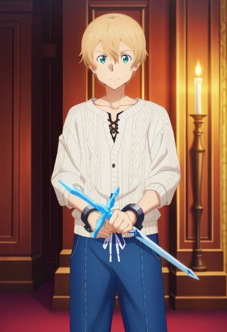 masterpiece, best quality, , anime screencap, anime coloring, official style, , 1boy, solo, male focus, <lora:eugeo_sao_ilxl:0.92>, eugeo_sao, blonde hair, green eyes, bangs, hair between eyes, short hair, holding sword, Titanic voyage, grand deck, billowing sails, icy waters, gazing pose, awe-struck expression, cold moonlight, Cuffed pants, Linen Chevron Zip-up cardigan, , Viking helmet,