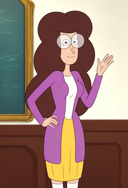 ((room background)),score_9, score_8_up, score_7_up,score_6_up, 
1girl, solo, MelanieBaker_C, light skin, black eyes, voluminous fluffy hair, dark brown hair, long hair, large round glasses, cute, purple cardigan, white shirt, yellow pencil skirt, white high socks, pink flat heels, tall stature, social smile, perfect eyes, perfect smile, looking at the viewer, detailed eyes, perfect eyes, standing, big breasts (front pose, bust shot) five fingers, perfect hands, (hand on hip, hand up, v sign)