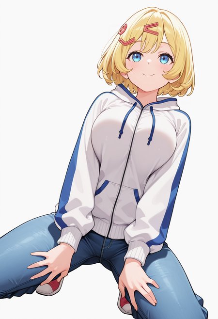 Smooth Quality,masterpiece,very intricate, high quality details, ultra realistic, high detailed skin,detailed enviorement,absurdres,
v,solo,
 <lora:Esyne_CNR:0.8> esyne_cnr, blue eyes, blonde hair, short hair,large breasts, hair ornament, hairclip,, simple background, white background, from below,
kneeling, hands on thighs, head slightly tilted, neutral expression, focused gaze,  ,, ^q^ ,, zip-up hoodie, ,track jacket, ,jeans, ,