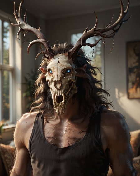 score_9, score_8_up, score_7_up, intricate details, rating_questionable,
<lora:homri52:1>
,
<lora:wendigo:0.8>, 1boy(Wendigo, monster, skull head, glowing eyes, antlers, dark fur, looking at the viewer, solo, happy, 
portrait, face focus, tank top), cozy living room,
highres,
detailed background, depth of field, 
<lora:ral-chrosc-clr:0.5>, ral-chrosc-clr,
<lora:Expressive_H:0.5>, Expressiveh,
<lora:xl_more_art-full_v1:0.3>,
<lora:add-detail-xl:0.3>,