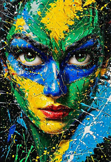 impactful paint of (((brazilian flag))), (green:1.25),  (blue:1.15),  (yellow:1.2), (white:0.75), highly detailed, 8k, sharp, professional, clear, high contrast, high saturated, , vivid deep blacks, crystal clear