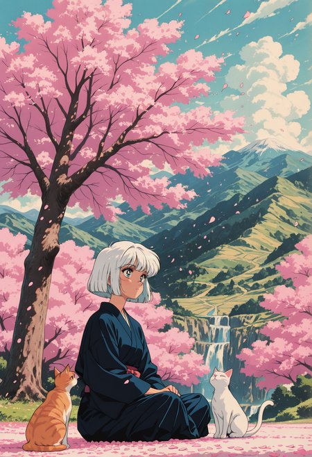 scenic shot, landscape, japanese style, wholesome, cherry blossom, cherry petals,
cat, 
1women, short hair, bob cut, white hair,, masterpiece, best_quality, amazing_quality, very_aesthetic, 8k, high_quality, highres, absurdres, subject_focus,, anime screencap, anime coloring, pinkretroanime, retro art, in the style of cksc, <lora:ChronoKnight_Neurocore_Shadow_Circuit:0.6><lora:WhiteZ_AnimeScreencap:0.1><lora:Pinkielicious_RetroAnime:0.3>, <lora:AddMicroDetails_Illustrious:0.5>