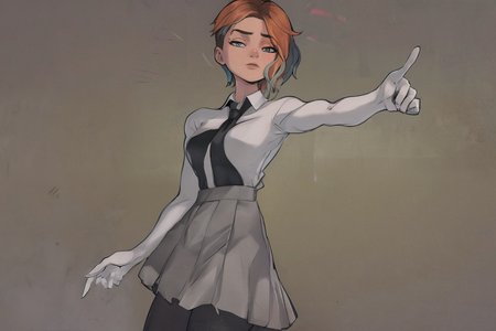 gwen, 1girl, black legwear, black necktie, blue skirt, breasts, collared shirt, cowboy shot, gradient, gradient background, looking at viewer, medium breasts, multicolored hair, necktie, pantyhose, pleated skirt, shirt, short hair, skirt, solo, standing, white shirt, white background, clear background, <lora:SVerse_Gwen-DEF:0.8>