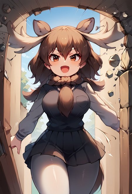 1girl, ((solo)), best quality, ultra-detailed, extremely detailed, perfect anatomy, masterpiece, score_9, score_8_up, score_7_up, Expressiveh, moose (kemono friends), antlers, animal ears, brown eyes, brown hair, tail, hair between eyes, shirt, long sleeves, vest, pleated skirt, black skirt, scarf, grey pantyhose, shoes, breast pocket, (NokotanEnteringClassroom:1.1), (broken wall), (stone), (pantyhose:1.1), medium breasts, thick thighs, wide hips, fully clothed, motion lines, speed lines, open mouth smug smile, confident look, smug look, glaring, cute look, excited, eager, (gigantic antlers:1.3), walking forward, dutch angle, action pose,