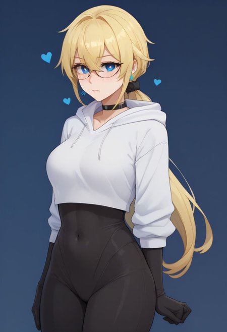 (score_9,score_8_up,score_7_up), 1girl, blue eyes, collarbone, large breasts, long hair, blonde - red hair, choker, Expressiveh, ((solo focus)),   long hair, low ponytail, very long hair, narrow waist, ponytail, blue eyes, blonde hair, gradient hair, hair scrunchie, solo focus, blush, 
masterpiece, absurd,raytracing
 black bodysuit,  black gloves, bodysuit, breasts, covered navel, cropped hoodie, dangle earrings, earrings, gloves,  hair behind ear ,  hair between eyes, hood,  hoodie,  jewelry, medium breasts,  white hoodie, chest belt,  heart shaped pupils, heart shaped eyes, embarrassed , lineart, 18 years old, megane, glasses,  standing,   
(lineart, line art, flat color, flat colors)