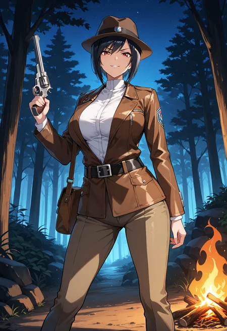 masterpiece, best quality, 1girl, solo, Naomi Evans, black hair, short hair, bangs, fedora, brown headwear, black belt, white shirt, brown jacket, leather jacket, (indiana jones:0.8), shoulder bag, campfire, outdoors, night, nature, forest, contrapposto, legs apart, standing, red eyes, brown pants, night sky, cowboy shot, looking at viewer, holding gun, revolver, v-shaped eyebrows, smirk, parted lips