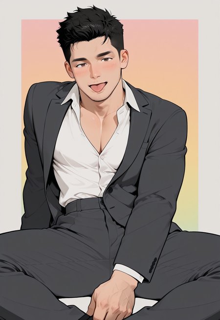 hu99y, flat color, 1boy, stubble, full body, sitting, black_hair, open collar, open grey suit, open white shirt, open mouth,
 ,colorful_background, 
,(eyelashes), blush, (mature), (perfect_brown_eyes:1.2), windy, dynamic shot, open mouth, lips, tongue out, (lick his hand:1.2)
,masterpiece, best quality, very aesthetic,absurdres,newest, highest detailed, windy, film grain, look at viewer, muted color, limited palette, handfixer