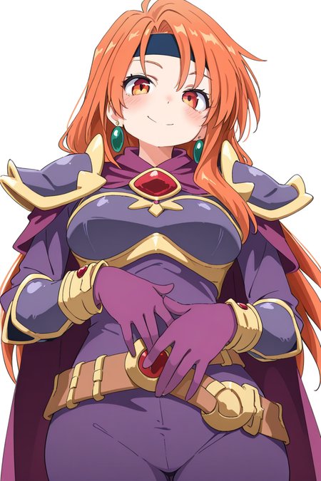 masterpiece, best quality, amazing quality,
 <lora:Cynical_IL:1> cynical, 1girl, solo, gloves, long hair, smile, orange hair, white background, headband, earrings, jewelry, simple background, looking at viewer, cape, shoulder armor, closed mouth, armor, pauldrons, red eyes, blush, purple gloves, belt, orange eyes