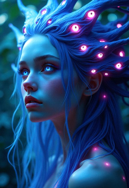 an ultra-realistic portrait of a mystical entity with long, flowing hair-like tendrils embedded with numerous eyes glowing in shades of blue, purple, and pink. Her own eyes, large and reflective, should mirror the colors of the embedded eyes, and her facial expression should convey a serene, cosmic awareness. The tendrils should have a smooth, flowing texture, with seamless color transitions that create a wave-like movement around her face and shoulders. Each eye should be photorealistically detailed, with soft light reflections that enhance the eerie yet captivating quality of the image. The background should be a subtle gradient, giving the impression that she is suspended in a dreamlike, infinite space. Shadows and highlights should be used to add depth and enhance the surreal, otherworldly atmosphere.Soft blue and green glows scattered around, hinting at bioluminescent plants.


