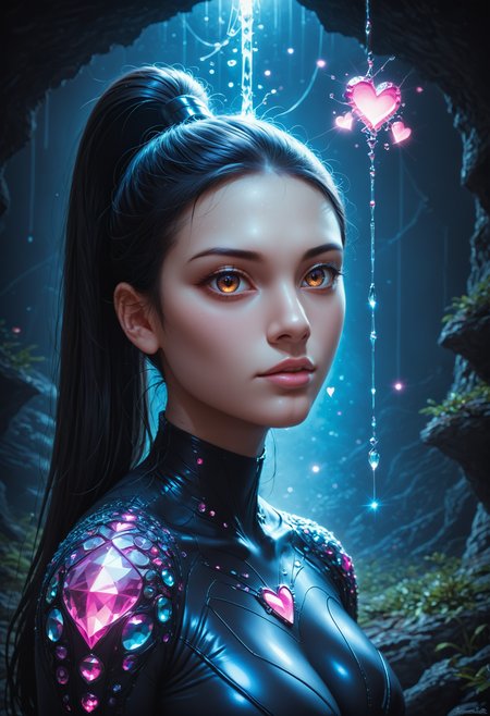 score_9,score_8_up,score_7_up, sorce_real, 8k, hd, (1 girl, brown eyes, high ponytail, bioluminescent latex suit, seij, <lora:Seij-000001:1>), cute and mischievous, black suit, purple details, neon colored glowing particles in the black skin, black skin with neon pink bioluminescence, cinematic light, looking at viewer, dark, night, mysterious atmosphere, floating hearts, beautiful  creatures, flies through a dark stalactite cave at night, bioluminescent icicles on the walls, everything is shrouded in darkness.  <lora:SDXLFaeTastic2400:0.5>, cave by Jed-Cosmos  <lora:Jed-Cosmos-sdxl:0.5>  <lora:ral-swarcrystl-sdxl:0.7> multicolored gemstones made of ral-swarcrystl, black gloves with glowing jewels, side view