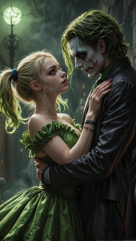 In a swirling cloud of toxic green, the doomed dance of the Joker and Harley Quinn unfolds. Their twisted love story is reflected in their eerie, poison-tinged auras, sending a shiver down the spine of anyone who dares to witness their chaotic chemistry. This haunting image captures a moment of tension and passion between the two iconic characters from the DC universe. The scene is depicted in a beautifully detailed painting, showcasing the intricate details of their costumes and expressions. The vibrant colors and dynamic composition add depth and emotion to the portrayal, making it a truly unforgettable piece of art.