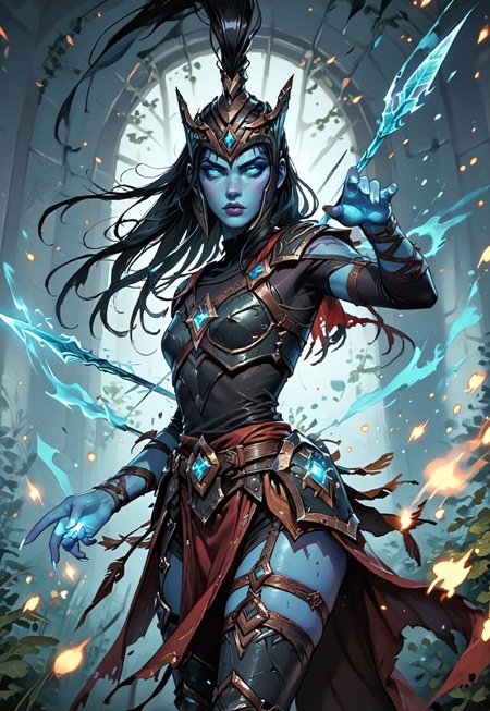 ((zPDXL3)), ((masterpiece,best quality, highly detailed)), ((score_9)), score_8_up, score_7_up, score_6_up, score_5_up, score_4_up, Digital painting style, brushstrokes, ((EnhanceImage)), solo, 1girl, KalistaLoLXL, blue sclera, colored sclera, blue lips, blue eyes, glowing eyes, black hair, long hair, helmet with very long ponytail, blue skin, colored skin, small breasts, spear, armor, breadchest, bare shoulders, bodysuit only shirt, black bodysuit shirt, (armor covered chest), spears pierced, guantlets, loincloth, hips armor, thigh vent, greaves, barefoot,
Expressiveh, 30yo, adult lustful confident woman, petite, slender body, perky saggy natural breasts, full lips, bangs, sidelocks, straps,
chinese magical sorceress, animated, swirling magic, wisps of magic, ((dancing pose)), tight squeezed outfit, magical accessories, evoking motion, conveying motion, dynamic splash art, 
<lora:PainterlyFantasiaPDXL:0.6>,