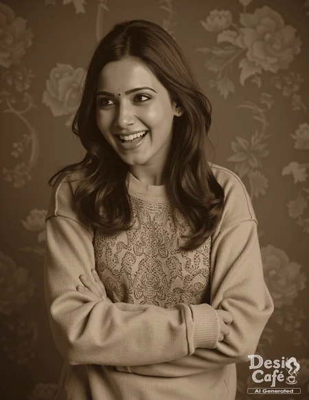 vintage sepia photo of Samantha Ruth Prabhu woman, hyper realistic photo that is safe for work, laughing, studio quality image, well dressed wearing intricate long sleevedsweatshirt, hair styled as straight hair,muted shaded wallpaper background that contrasts with the person, cinematic lighting,âââââ <lora:Samantha_Ruth_Prabhu_Flux_Kohya_V1-000001:0.8>âââ