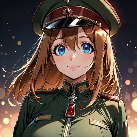 score_9, score_8_up, score_7_up, dynamic view, eye_focus, solo, looking_at_viewer, 1girl, 
masterpiece, best quality, bokeh, luminescent background,
( viktoriya ivanovna serebryakova, ,   brown hair, blue eyes, large breasts, long hair, hair between eyes, bangs, , brown belt,  long sleeves,   military jacket,  green military uniform, green military pants,   white gloves, peaked cap, black boots, )
portrait, happy