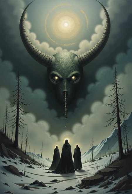 0n1r1c, Create this dramatic impasto artwork that decipts the three Norse Norns from the Völuspá poem of the Edda, stand on a vast, frozen ice field. 
The sky is overcast with dark, brooding clouds, and the low-hanging sun casts an eerie, mystical glow over the scene. 
The Norns wear long, heavy garments reminiscent of medieval Norse attire, and their faces are shrouded in mystery, adding to their enigmatic presence. 
The atmosphere is calm, silent, and timeless, emphasizing the Norns' mystical nature as the weavers of fate. Surrounding them are ancient, withered trees and a distant silhouette of a rugged mountain range, further enhancing the otherworldly setting.
This dystopian, post-apocalyptic-style painting features a monochromatic scheme, primarily with shades of black, gray, and white.