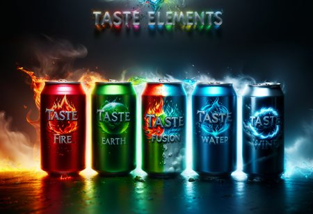 (Advertising of 5 canned sodas:1.4) with different  elemental flavours,  4 elements, "TASTE ELEMENTS" text logo, elementalfusion can in center, glowneon, glowing, misty background, minimalistic text, perfect composition, dynamic lighting,
. Professional, modern, product-focused, commercial, eye-catching, highly detailed
<lora:add-detail-xl:2.0>,<lora:elements_blend:0.8>  , <lora:glowneon_xl_v1:0.6>,  <lora:Harrlogos_v1.1:1>