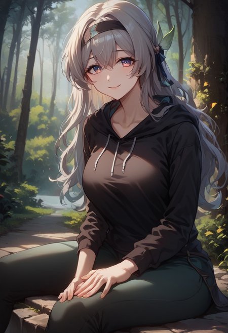 score_9, score_8_up, score_7_up, source anime, anime screencap, masterpiece, expressive eyes, perfect face, cinematic lighting, volumetric lighting, bloom, post processing, warm light, soft light, detailed background, detailed face, extremely detailed face, beautiful face,, 1 girl, solo,Firefly_Honkai, long hair, grey hair, , hairband , solo, , ,mature female, face down, ,black hoodie, black yoga pants, medium breasts,, , outdoors, satisfied, satisfied face, smile,,,  in forest, bush, tree trunk, sitting, looking at viewer
