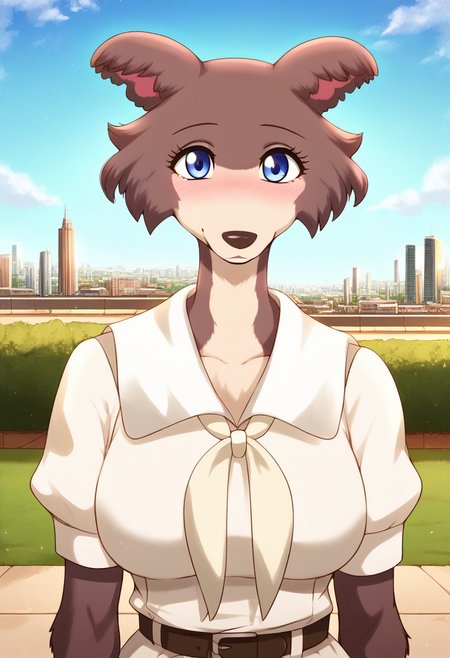 zPDXL, score_9,score_8_up,score_7_up,_up, best quality, amazing quality, masterpiece, 1girl, looking at viewer, solo, upper body, close, cute smile, cute, blush, juno, <lora:Juno-03:0.8> , wolf girl, animal ears, animal nose, brown fur, blue eyes, tail, white school uniform, neckerchief, white socks, black shoes, belt, blue sky,city, park, skyline, contour_deepening,depth of field, huge filesize,wallpaper background,(flat color),large breasts, sitting, vksuika, <lora:Vksuika:1.2>, Expressiveh, good_hands, <lora:Expressive_H:0.8>, <lora:Detail_Slider_v1.4_iteration_3:4>, <lora:pony_good_hands:0.8>