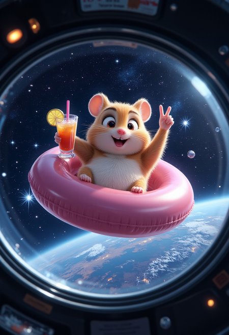 View through the porthole of a space station. In outer space, a funny fat hamster flies past the porthole of a space station in a pink inflatable ring. A fat funny hamster lies on an inflatable pink ring, drinks a cocktail and shows the peace sign to the camera. The hamster has a satisfied smile. In the background are cosmic stars. vivid colors. Adorable, cute, funny, realistic, higly detailed, cinematic, cartoonish atmosphere. midjourneyv6.1
