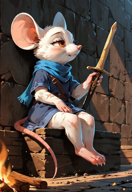 score_9, score_8_up, score_7_up, embedding:urn:air:pony:embedding:civitai:332646@509253, detailed background, concept art, realistic, dark theme, darkness, solo, anthro mouse girl, tiny, bald, <<fluff on body>>, tunic, cute, perfect eyes, perfect tail, lidded eyes, mouse toes, orange eyes, looking away, hands, against wall, blue scarf, (tunic), sword against wall, shadows along walls, pitch black tunnel, dark dungeon background, coat, ((scars)), white fur, (bottomless), tail visible, resting, sitting, from below, from side, bonfire, bonfire focus