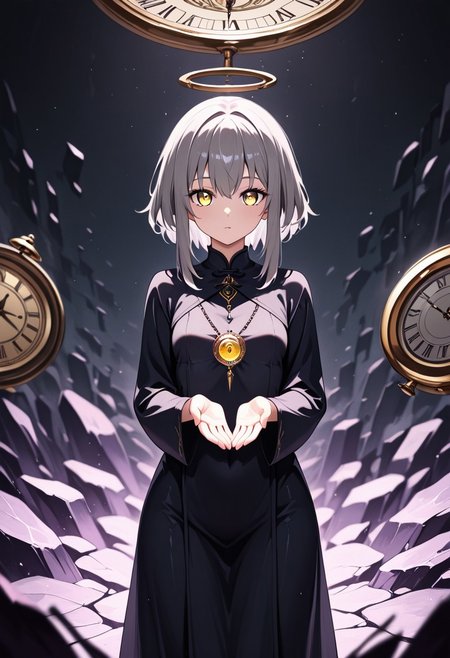 masterpiece, best quality, good quality, very aesthetic, absurdres, newest, 8K, depth of field,  in the style of cknc, artist:moriimee, in the style of cksc, 
1girl, long grey hair, flowing, golden eyes, small breasts, perky, hourglass pendant, tattered robe, glossy skin, turning clock hands, looking at viewer, from front
BREAK
time-warped ruins, clocks floating, mist rising
BREAK
dynamic light, purple tones, high contrast, mystical haze, rich details, surreal atmosphere