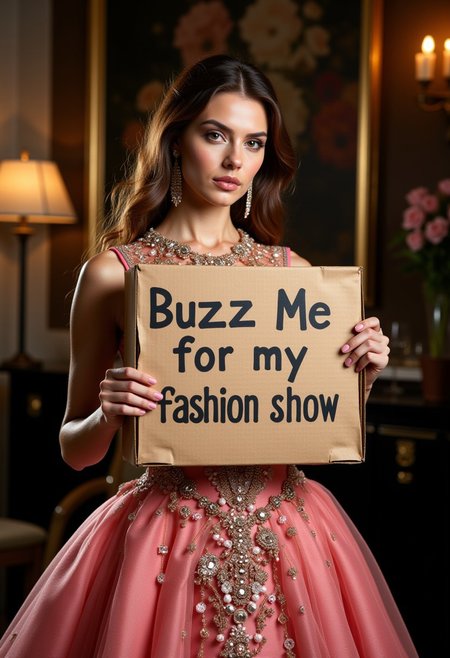 award winning photo of a supermodel holding a cardboard with quote "Buzz Me for my fashion show". She is wearing a stunning and captivating fashion design that blends elegance with innovation. The image should feature a breathtaking haute couture gown with intricate detailing, a perfect balance of modern and classic elements, and a palette of luxurious, vibrant colors. The design should include delicate embellishments, rich textures, and unique silhouettes that push the boundaries of contemporary fashion. Ensure the setting is equally impressive, with a sophisticated backdrop that enhances the allure of the garment, making the entire composition unforgettable and truly distinctive."