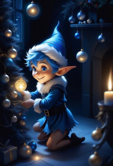 very dark night Christmas scene with a cute Blue Epoch Elf trying to find a faint light among shadows Christmas decorations, smile, fluffy,  shadows, only the face is lighted, holiday atmosphere, ultra-fine, digital painting