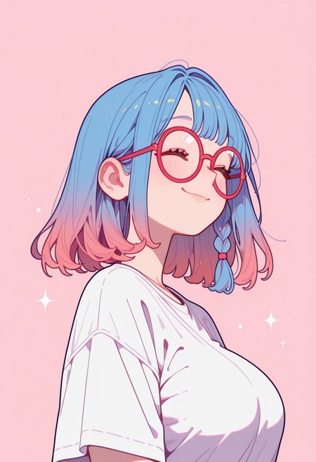 masterpiece, best quality, 32k, high resolution, absurdres, Flatline, Flat vector illustration, Black outline, Vivid colors, Beth, bethRH, cute face, medium hair, side braid, blue hair, pink gradient hair, brown eyes, detailed eyes, large breasts, curvy, big squared eyeglasses, red framed eyeglasses, clear eyeglasses lens, detailed eyes, aesthetic, solo, detailed, portait, face closeup, t-shirt, focus on face,  detailed lips, upper body, happy face,, side view, closed eyes
