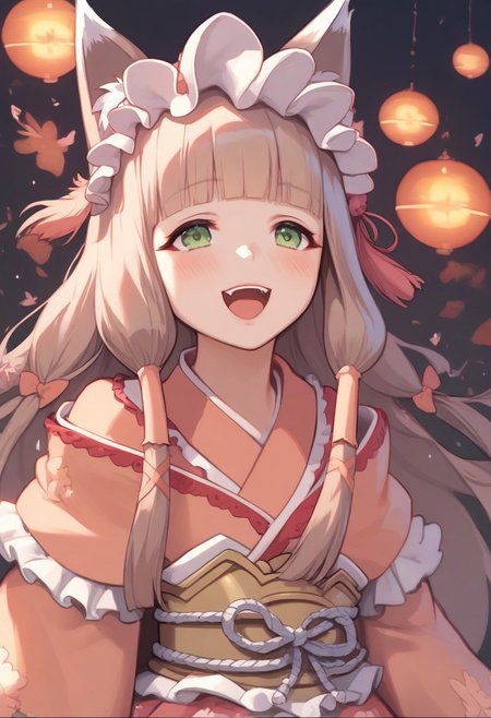 score_9, score_8_up, score_7_up, score_6_up, score_5_up, score_4_up, source_anime, 1girl, solo, (lips:0.9), maho normal, maho (princess connect!), animal ears, animal ear fluff, bangs, fox ears, frills, green eyes, kimono, long hair, fox girl, frilled hairband, blush, blunt bangs, hairband, pink kimono, wide sleeves, frilled sleeves, sidelocks, long sleeves, brown hair, fox tail, floral print, very long hair, bow, hair tubes, dress, light brown hair,  pink dress, obi, sash, frilled ribbon, lolita_fashion, sleeves past wrists, hime cut, laughing, upper body, closed eyes, heart_in_mouth, XD, embrace a rifle