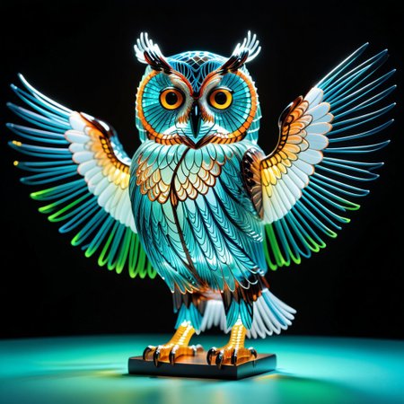 a figure of an owl with spread wings made of tiny neon glass filaments, w0gf1l, 
masterpiece, best quality, ultra details, intricate, ornate, filigree,
 ultrarealistic, creative, artistic