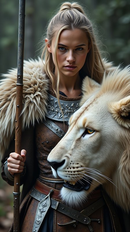 a professional photo shot from head to thights of A 28 years old female caucasian warrior holding the head of an enormous white lion on her spear, detailed face and eyes, dynamic lighting, furry armor,  <lora:Dever_Flux_Enhancer:0.47> <lora:breast-size4:-1.65> <lora:pose_dev_f1:0.75> <lora:sameface2:-0.2>