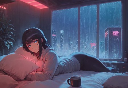 score_9,score_8_up,score_7_up,score_6_up, 1girl, 
 sitting in bed next to a large window, holding coffee cup, steaming coffee cup on windowsill, wearing croptop hoodie, black croptop hoodie, long hair, black hair, low ponytail hairstyle, pov from outside, view from putside the window looking into the room, looking out window, head resting on pillow laying on the bed, hoodie, plants on the windowsill, looking out the window, looking at viewer, background is the bedroom, tidy bedrrom, small room, cramped bedroom, teddies on the bed,, wearing legging, see through thights, black tights, cyberpunk city view out of the window, raining outside, heavy rain outside, neon light, purple neon lights, cat on the bed, pet cat in the room, pet cat sleeping on the bed