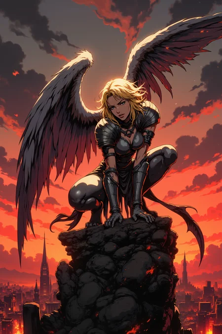 ne0nfant4sy, A fallen angel, her once-white wings now charred and tattered, crouches on the edge of a crumbling stone temple. Her once-radiant skin, now a pale, ashen gray, glows faintly in the dim light of a burning sky, and her golden hair falls in disheveled waves around her face. Her silver eyes, now dull with sorrow and rage, stare out over the broken world below, her hands gripping a twisted, blackened sword. Her armor, once gleaming and pristine, is now scorched and shattered, hanging in pieces from her slender frame. The dark clouds above swirl ominously, lit from below by the fires of a world consumed by chaos. Behind her, the remnants of a holy city lie in ruins, its once-grand spires reduced to rubble, bathed in an eerie red glow. Her expression is one of deep anguish, her jaw clenched as if sheâs fighting back tears, while a single, blackened feather drifts from her wing, falling slowly to the ground. The air is thick with the scent of smoke and ash, and the faint echo of distant screams lingers in the background.<lora:RetroAnimeFluxV1:0.5><lora:NeonFantasyFLUX:0.3>