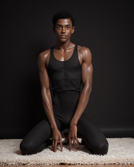score_9, score_8_up, score_7_up, score_6_up, score_5_up, score_4_up, rating_questionable,
<lora:Alenaaenami:1>,
intricately detailed, photo studio with black backdrop, black background, thick plush carpet, full body, 
1boy(human male, slender, skinny twink, black skin, african, young black man, low muscle, thin, glistening skin, handsome, sexy, seductive, posing, looking at the viewer, friendly expression, kneeling:2, bare feet, tight posing slip),
<lora:xl_more_art-full_v1:0.4>,
<lora:add-detail-xl:0.4>