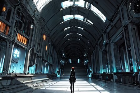highly insanely detailed, masterpiece, top quality, best quality, highres, 4k, 8k, RAW photo, (very aesthetic, beautiful and aesthetic),  
tsutomu nihei,nihei_tsutomu,blame!,blame gakuen!,abara,TNstyle,sidonia_no_kishi,(tower,deep horizon,hangar,sidonia \(ship\),tunnel,stairs,mausoleum,city ruins,space,spacecraft,giant room,megastructure in background), 
<lora:blameLora_v10:0.5>, 
(1girl:1.3), 
solo focus, 
(pure orange background,transparent background:1.2),âââ